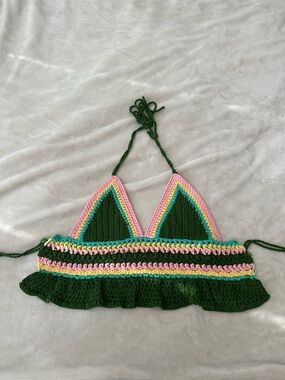 Colourful Crochet Top in Forest Green with Pastel Accents